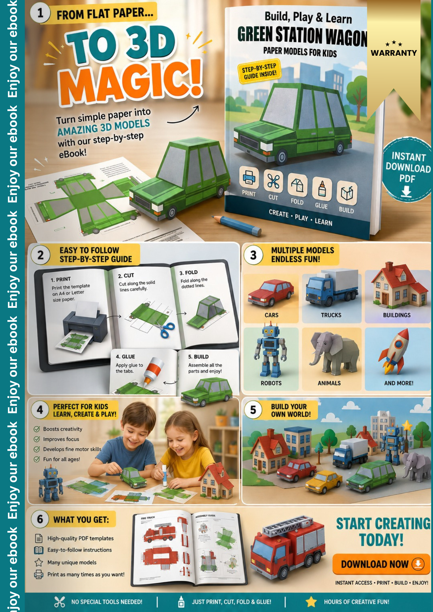 Tiniy Creative: Flat to 3D Fun! – Printable Papercraft Activity Book for Kids (8 Pages)